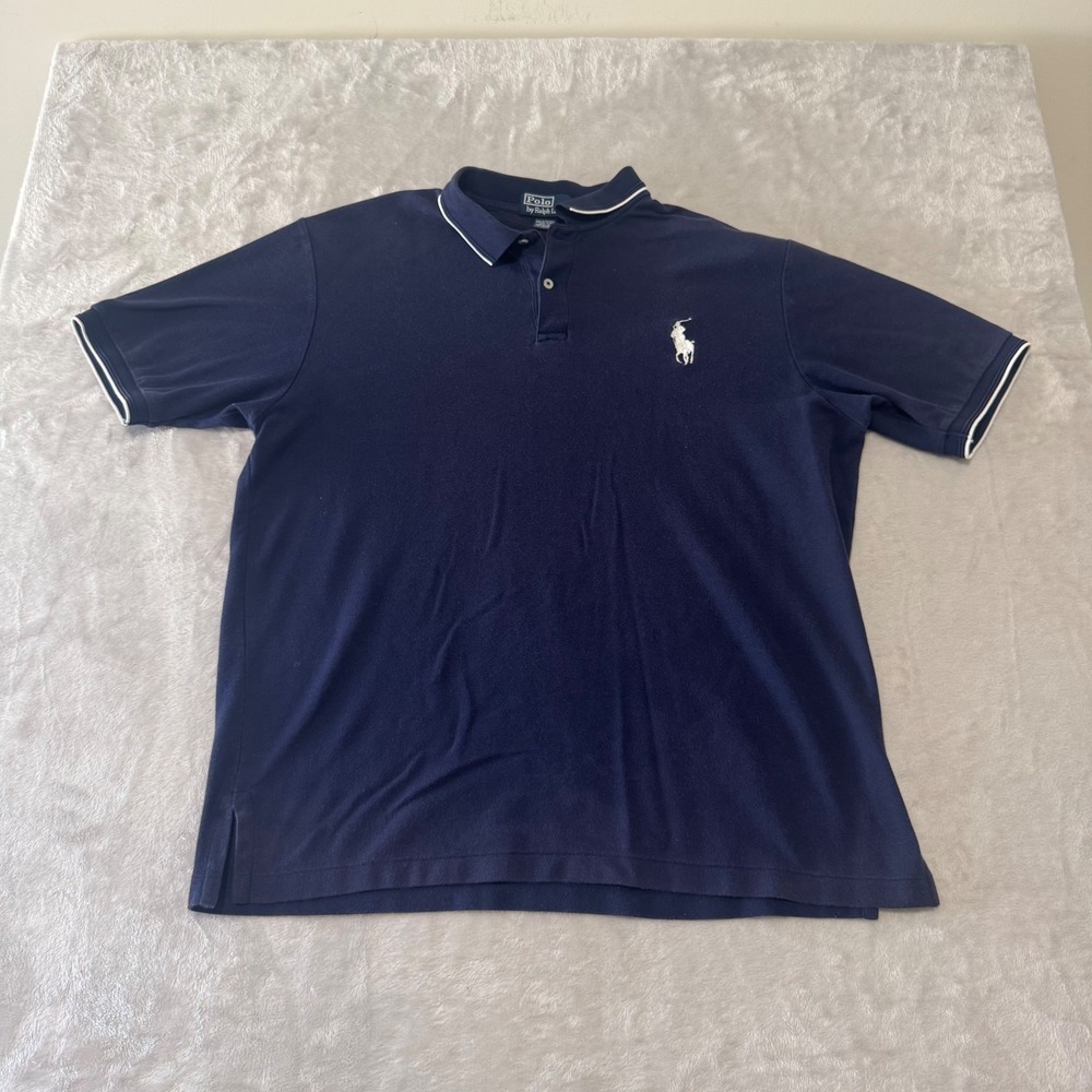 Polo Ralph Lauren Mens Polo Shirt Navy Blue White Trim XL‎ Short Sleeve Casual